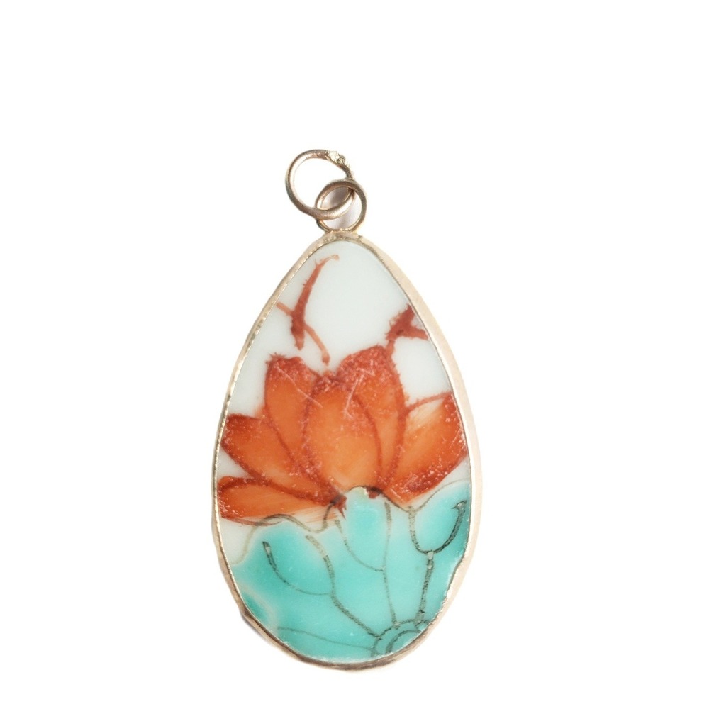 Vintage Porcelain Hand Painted Pottery Shard Pendant Red Orange Lotus Flower